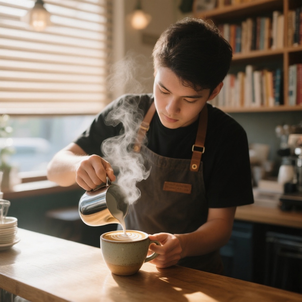 Barista pouring latte art example